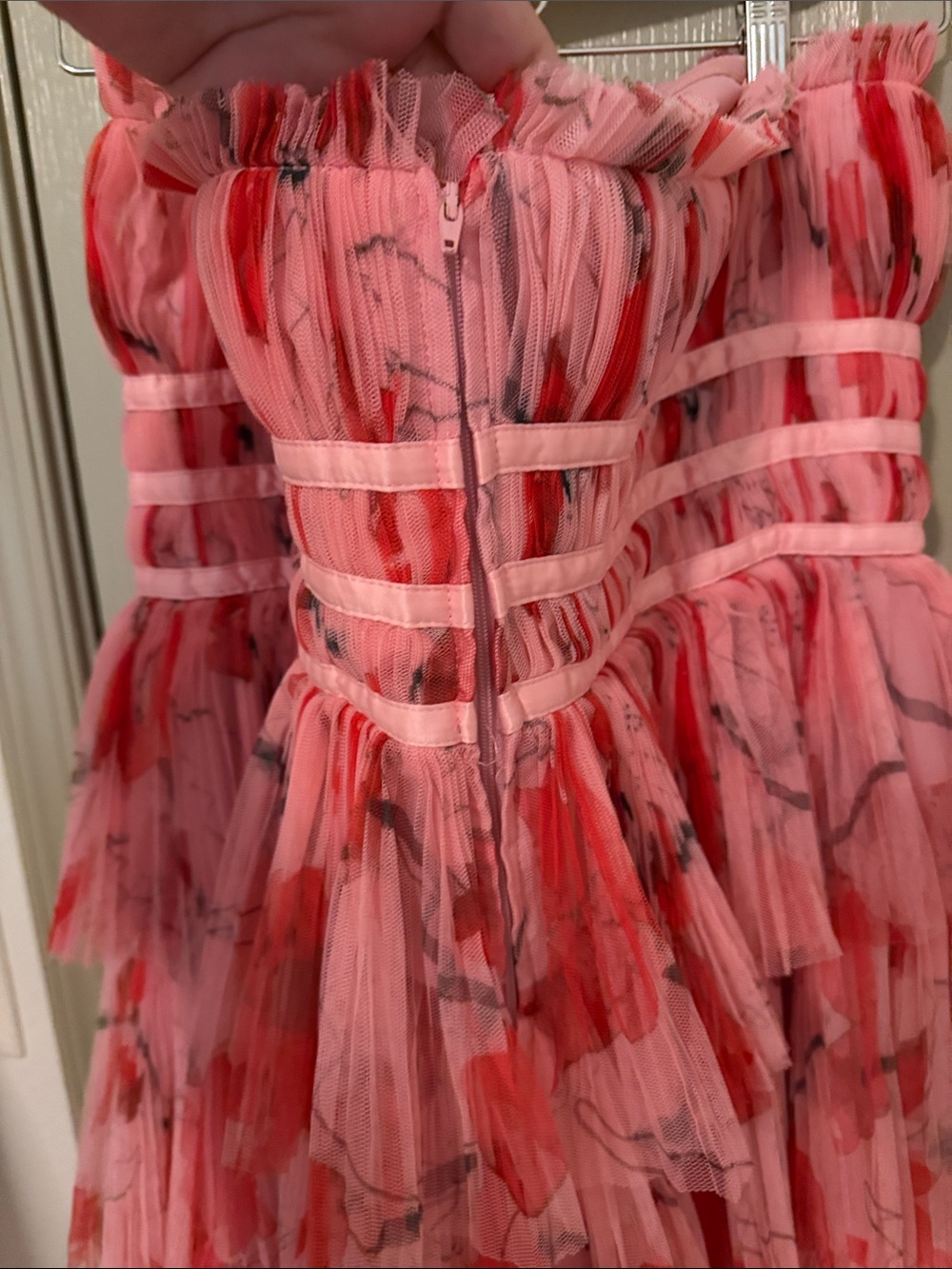 Hutch Monaco Strapless Pink & Red Tiered Ruffle Maxi Dress 14 - Picture 6 of 7